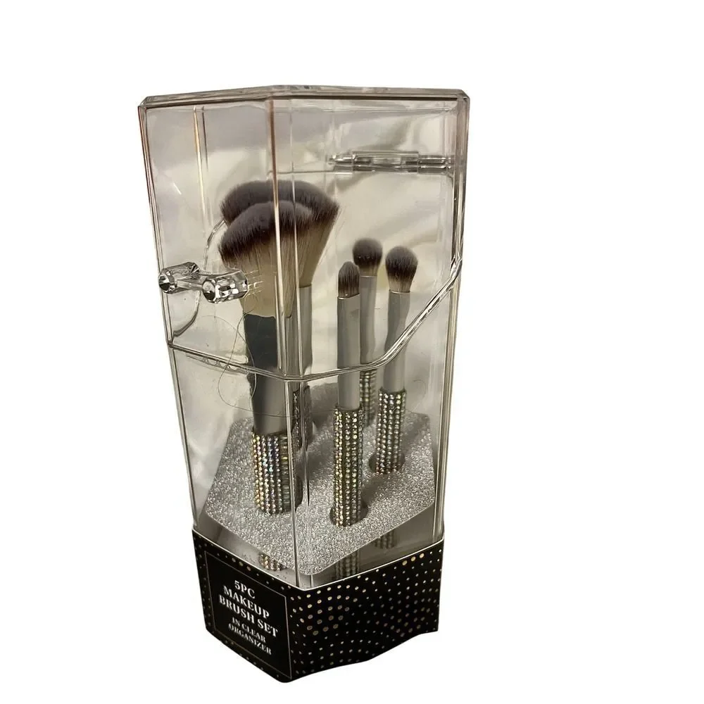 Advantus 5PC Makeup Brush Set Women OS Silver New Rhinestone Clear Organizer